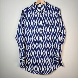 J CREW Shirt Womens Medium Navy White Diamond Argyl Blouse Tunic Long Beachy Y2K